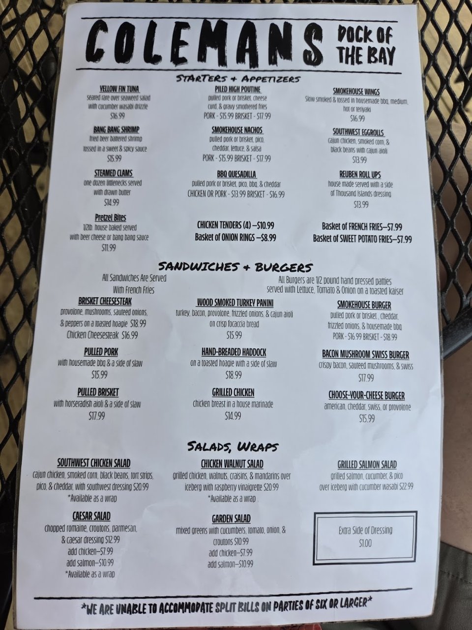 Food menu with kids items and beverages.