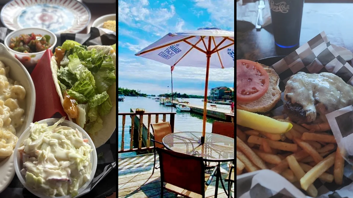 Waterfront restaurant patio with river views.